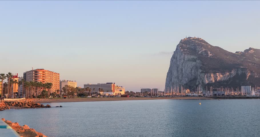 Panoramic view on Gibraltar rock from La Linea city in the evening, Andalusia, Spain
