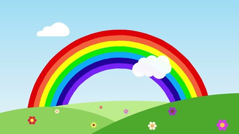 cute cartoon animation of colorful rainbow with some clouds over the flowers hills with space for your text or logo. nature and rainbow seamless loop. Rainbow Background for children full hd and 4k.