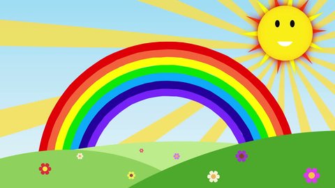 cute cartoon animation of smiling sun with colorful rainbow over the hills with space for your text or logo. sun and rainbow seamless loop. Rainbow Background for children full hd and 4k.