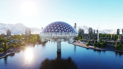 futuristic city, town. Architecture of the future. Aerial view. Super realistic 4k animation.