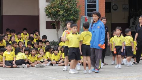 BANGKOK, Thailand - Jan 26, 2017: Bangkok. Movement education teaching kindergarten. Students are joyful in Pieamsuwan school.