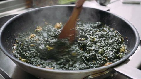 vegetarian dishes Palak paneer. Spinach and paneer in a pan
