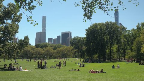 NEW YORK, USA - SEPTEMBER 23rd 2016, CLOSE UP: Families, kids, young and senior couples, friends, tourists enjoying relaxing sunny day in green Central park. People having picnics.