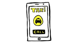 Handmade taxi calling app on smartphone doodle animation. Pure white background.