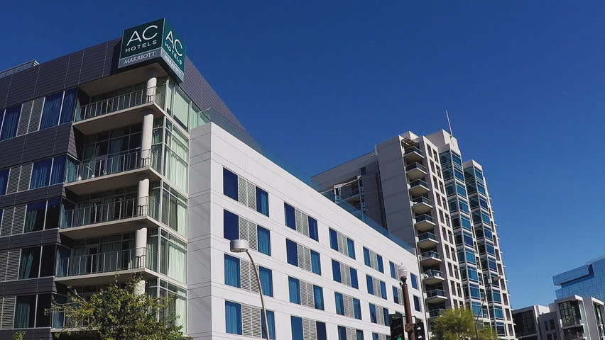 TEMPE, AZ/USA: January 31, 2017- Low angle shot of the new Marriott branded hotel in Tempe Arizona. Large size business brands are developing property in suburb of Phoenix.