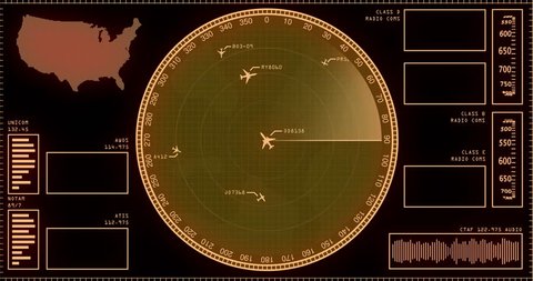 A fictional air traffic controller radar sweep screen with miscellaneous animated data and graphs.  	