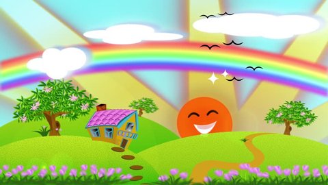 Animation cartoon illustration of cute house cottage on the hill with sunrise and rainbow. Cartoon house on the spring hill in kid story concept in 4k. 
