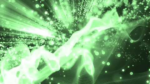 Abstract green motion particles. Animation green background with rays and sparkles stars on black background. VJ Seamless loop.