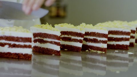 Woman hands cut the slices of cake