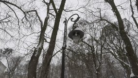 Old lamp in the park, snow and trees