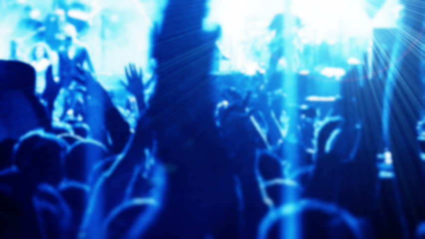 Concert crowd footage Iconic night neon rock concert girl cheering heart clapping hands social People cheer move lift clap their hands heart led strobing Bulb stage stadium floodlights outside light Royalty-Free Stock Footage #2396183