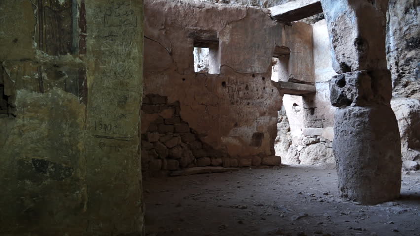 Monastery of the Cross. View of architecture and plastered walls covered in graffiti in the ruins of this medieval monastery in the Qannoubine Valley.