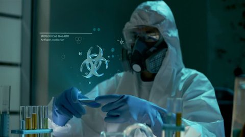 Bio engineer hold in arms and use virtual futuristic computer with transparent holographic interface. Rotating animated bio hazard sign in laboratory. Experiments on modified bacteria, virus, gene and