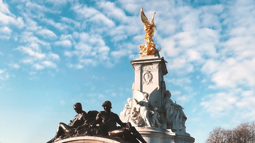 Victoria Memorial, British monument at Buckingham Palace in London, England. Victoria Memorial is a sculpture dedicated to Queen Victoria, located at the end of The Mall in London in Great Britain. 