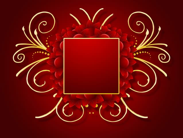 Growing golden title frame on red background with flowers. HD CG animation.