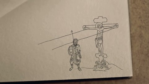 A man raised Jesus on the cross and pierced his chest with a spear. Animation. HD