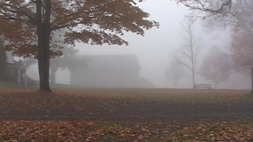 Early morning fog in the fall with trees and barn.