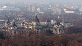 Aerial video shows the historical building of the Szechenyi hot spa in central Budapest