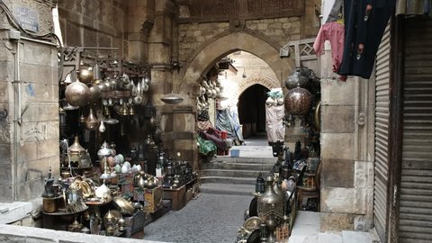 vendor stalls at khan el khalili market in cairo, egypt