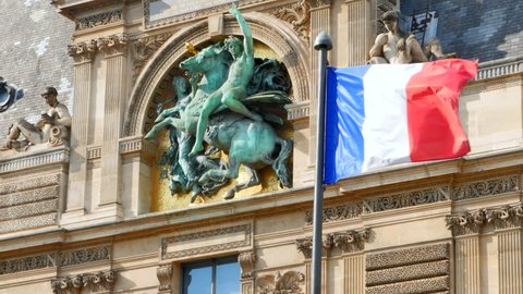 4K Flag of France, Paris French City Architecture, National Blue White and Red 스톡 비디오