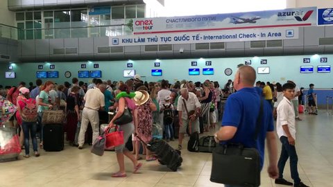 CAM RANH, VIETNAM - JULY 9, 2016: Unidentified Russian tourists check in at the Pegas Fly air company. Pegas Touristik is a Russian tour operator possessing 50 offices in Russia. 