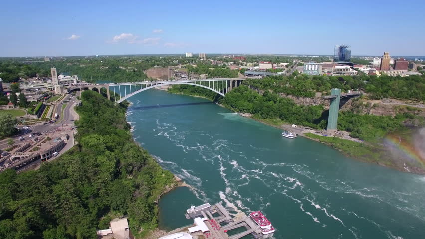 Rainbow Bridge aerial view, an arch bridge across the Niagara River gorge connecting the cities of Niagara Falls, New York, United States (east), and Niagara Falls, Ontario, Canada (west).