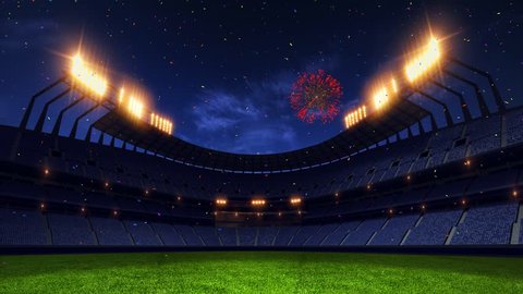 stadium court. Sport arena. Ready to start championship. 3d render. Moving lights. and fireworks and confetti