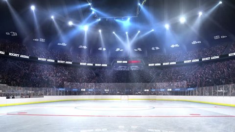 Hockey court with people fan. Sport arena. Ready to start championship. 3d render. Moving lights 