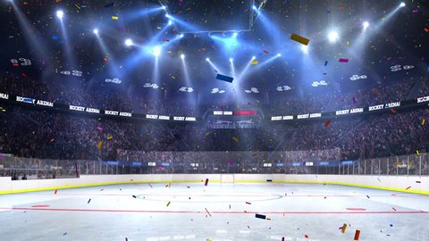  Hockey court with people fan. Sport arena. Ready to start championship. 3d render. Moving lights Confetti and tinsel