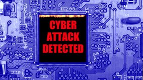 A computer cpu integrated circuit chip in a circuit board with a simulated binary code. The binary code is then disrupted and destroyed by a line of fire. A warning of a cyber attack displayed.  - Powered by Shutterstock - Get 15% off with code: PIKWIZARD15