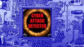 A computer cpu integrated circuit chip in a circuit board with a simulated binary code. The binary code is then disrupted and destroyed by a circle of fire. A warning of a cyber attack is displayed.  - Powered by Shutterstock - Get 15% off with code: PIKWIZARD15