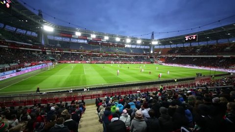 MOSCOW, RUSSIA - OCTOBER 23, 2016: Filled with people Lokomotiv Stadium during the match Lokomotiv - CSKA. Match Result 1 - 0
