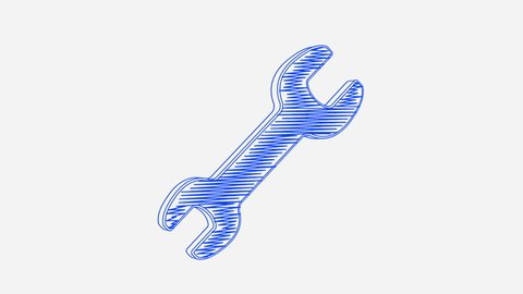 Isolated hand drawn blue wrench icon rotating on the white background. Seamless loop animation. 