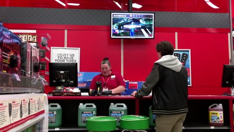 Port Coquitlam, BC, Canada - February 09, 2017 : One side of auto service counter inside Canadian tire store with 4k resolution