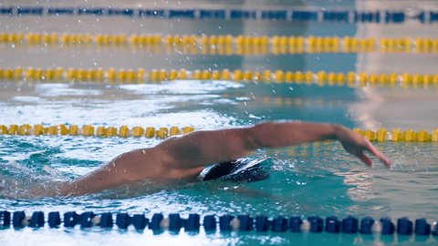 Male swimmer swims in pool HD slow-motion video. Front crawl freestyle training of professional athlete. Water splashing. Side view