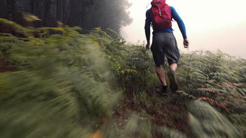 4k Cross country runner man, running and exercising on a misty mountian forest, exercising outdoors fitness tracker with wearable technology smartphone. 
