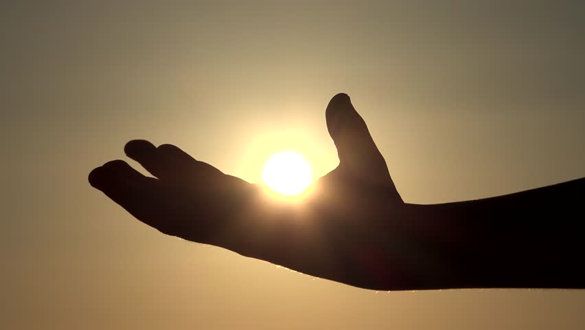 Child Hand Catching Playing Sun Rays, Beams in Fingers, Palm Silhouette