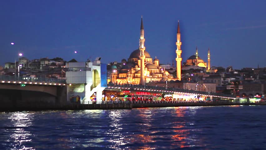 An Istanbul night in blue. Galata Bridge and Mosques at Night.
