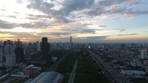 aerial shot of sunset at city skyline Bangkok Thailand
