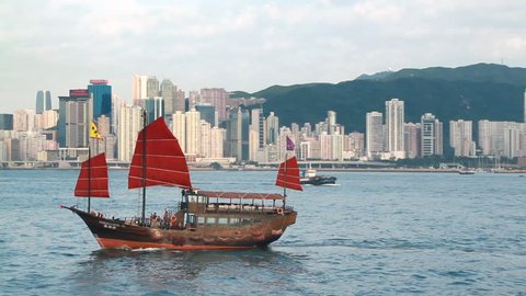 Junkboat in Hong Kong - Chinese Junkboat sailing across Victoria Harbour, Hong Kong.