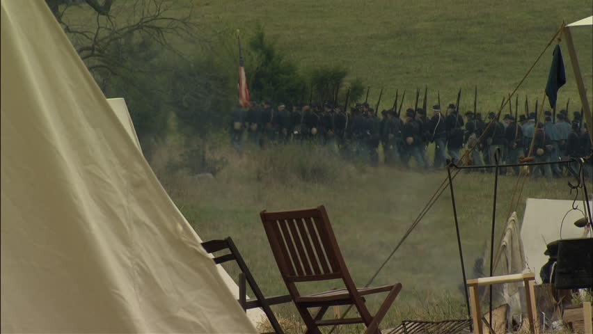Federal camp with soldiers in background
Correct to the period of 1864 situated in the fall in the eastern theater/Shenandoah valley region.