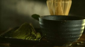 Matcha. Organic Green Matcha Tea ceremony. Matcha powder. Rotation 360. UHD video footage. Ultra high definition 3840X2160 