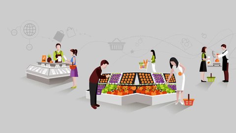 People in supermarket buying grocery products scene available in 4k UHD FullHD and HD 3d video animation footage