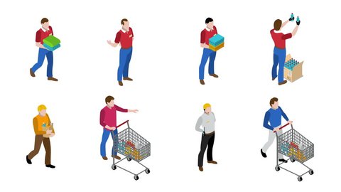 People in supermarket buying grocery products isometric icons set available in 4k UHD FullHD and HD 3d video animation footage