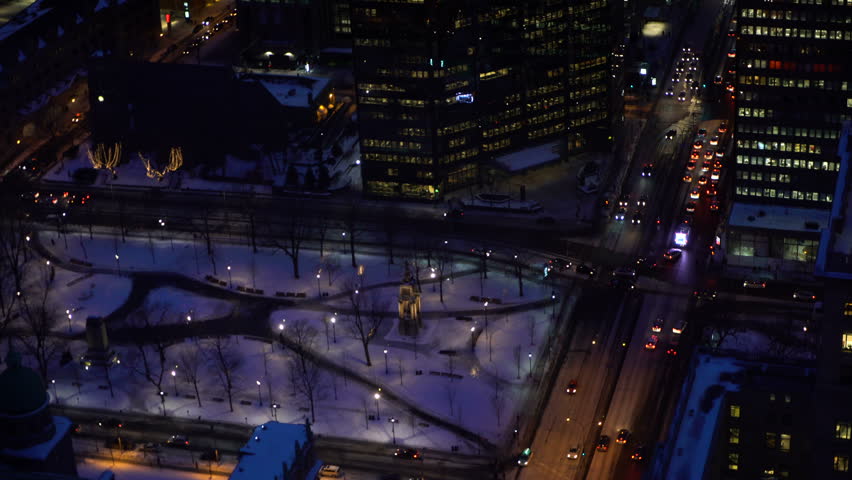 Montreal City Downtown Aerial Night View of Place Du Canada Park