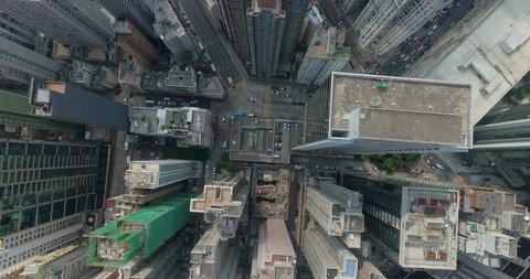 Top view aerial footage from flying drone of metropolitan city HongKong with development buildings, transportation, energy power infrastructure. Financial and business centers in developed China town.