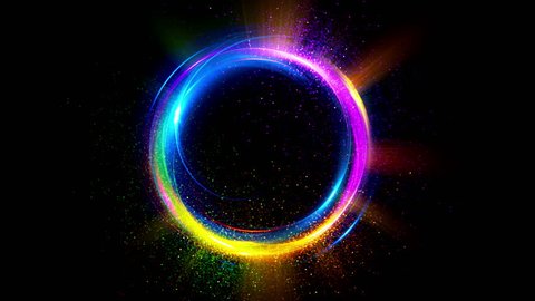 Abstract neon background. Shine ring. Halo around. Sparks particle. 
Space tunnel. LED color ellipse. Glint glitter. Shimmer loop motion. 
Empty hole. Glow portal. Dust ball. Slow spin. Bright disc. 