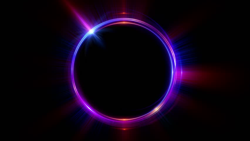 Abstract neon background. Shine ring. Halo around. Sparks particle. Space tunnel. LED color ellipse. Glint glitter. Shimmer loop motion. Empty hole. Glow portal. Pink ball. Slow spin.  Bright disc. 