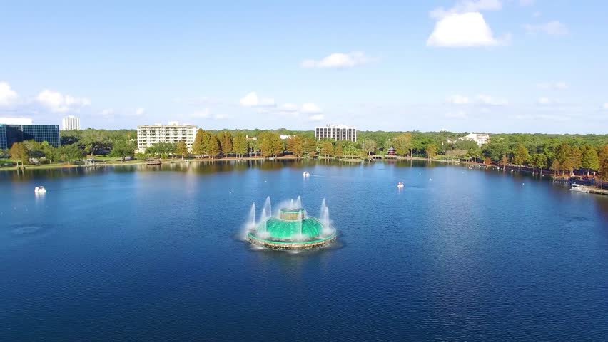 Orlando, Florida, USA - DEC, 2016: Aerial view Eola Lake fountain at Orlando downtown, Florida