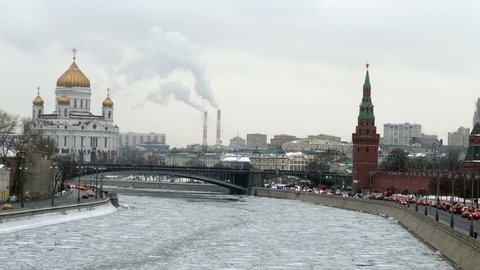 Moscow Kremlin, Christ the Savior Cathedral and the pipe with smoke